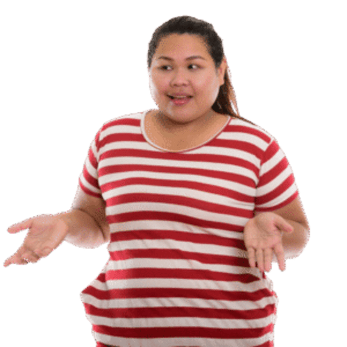 Woman in red and white striped t-shirt looking uncertain and gesturing with hands.
