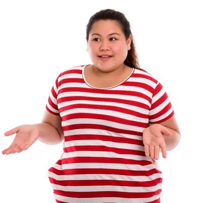 Woman in red and white striped t-shirt looking uncertain and gesturing with hands.