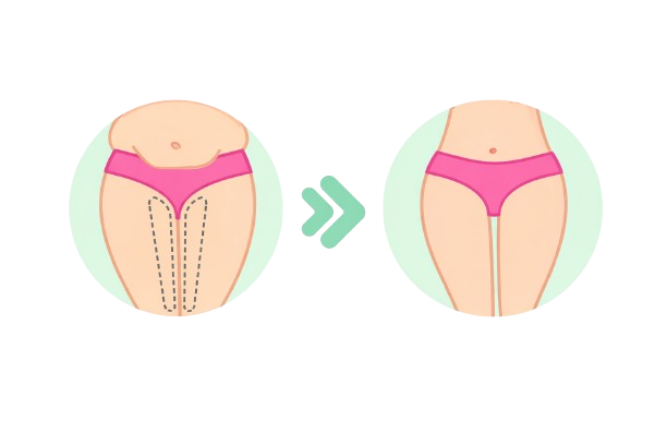 Illustration of before and after thigh fat reduction, showing slimmer and toned legs, liposuction surgery in nashik